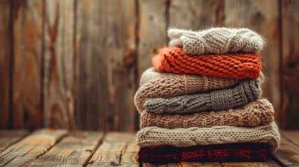 Winter Clothes. Pile of Folded Sweaters on Wooden Background, Wool Knitted Sweaters for Warm Winter