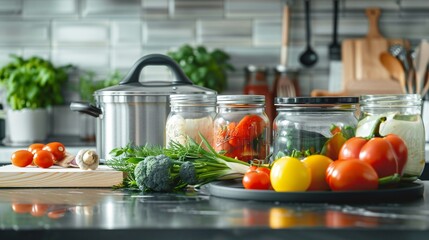 A flat lay of fresh vegetables, mason jars, and a canning pot on a kitchen counter
