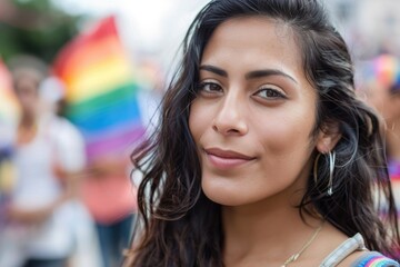 Woman Looking At Camera. Portrait of Hispanic Lesbian Woman With Pride and Love in Outdoor Setting