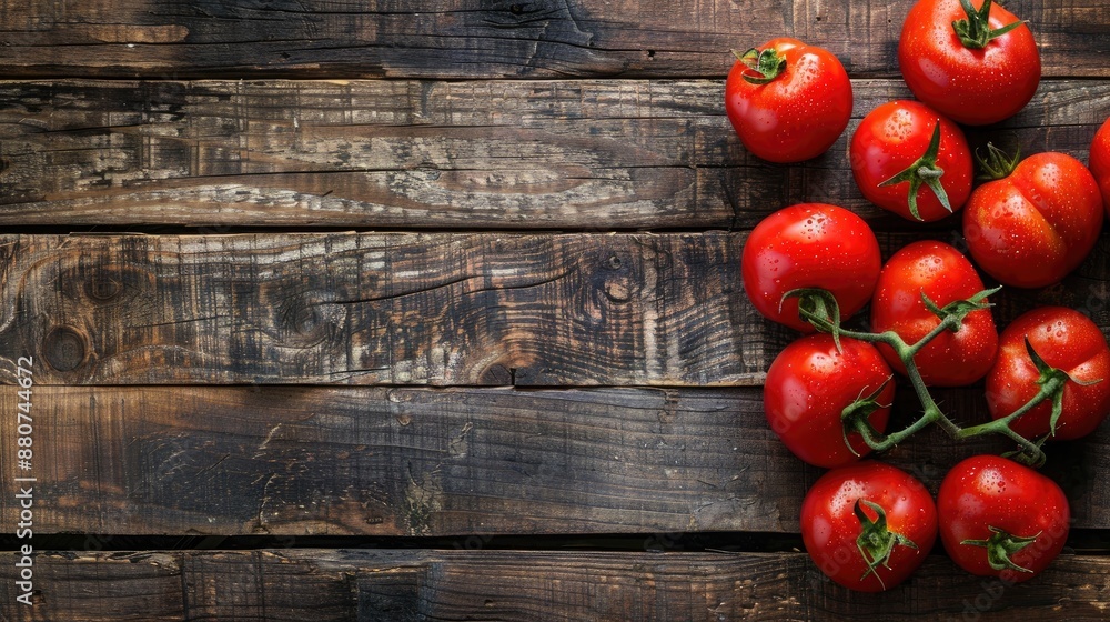 Wall mural Top view of ox heart tomatoes on rustic wood background with space for text