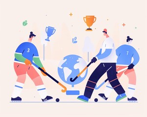 Obraz premium Field hockey match, world globe backdrop, silver trophy, flat design illustration