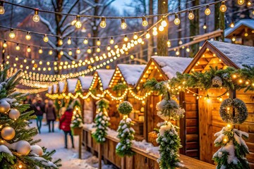 Fototapeta premium Snowflakes gently fall on twinkling festoon lights, rustic wooden stalls, and vibrant evergreen garlands, creating a magical winter wonderland atmosphere at the festive market.