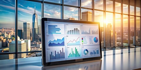 Modern digital dashboard displays real-time financial data, charts, and graphs on a sleek screen, surrounded by cityscape and financial newspapers clutter-free background.