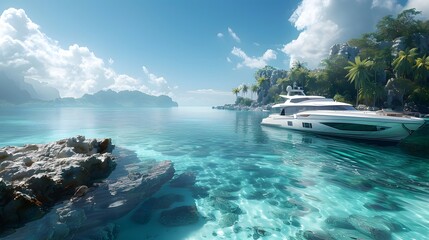 A luxury yacht sailing on crystal clear waters, with a tropical island's lush coastline in the distance. The yacht's design is sophisticated and streamlined.