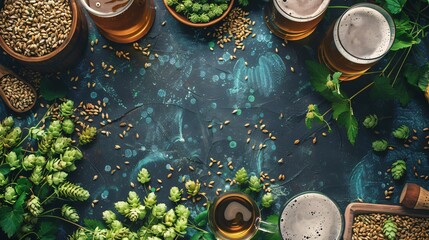 A flat lay of hops, barley, yeast, and brewing equipment on a clean surface