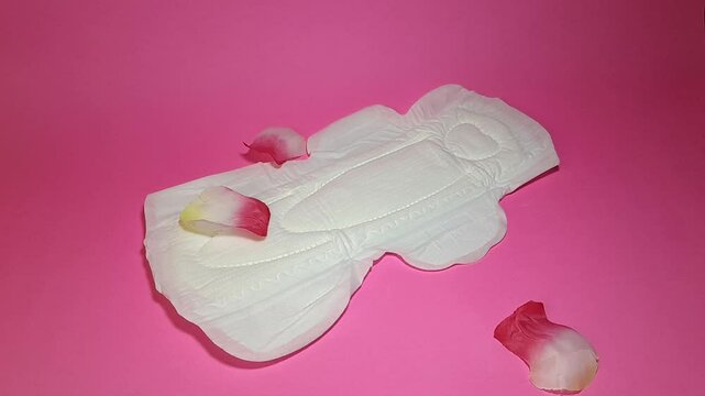 Sanitary napkin and flower petals. A concept that shows softness for the feminine area, is able to accommodate large amounts of blood and still keeps the feminine area dry, isolated on pink background