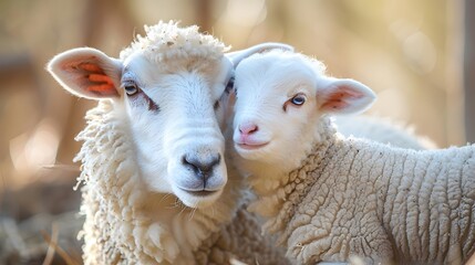 Obraz premium A mother sheep and her lamb, both with pure white wool, cuddle together in the barnyard on Easter morning.