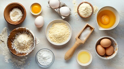 A flat lay of ingredients for making a cake, including flour, sugar, eggs, and a mixing bowl