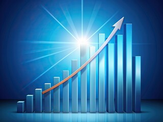 Ascendant bar graph displaying impressive financial growth, surging arrows, and rising trend lines, set against a calm blue background, symbolizing successful investment strategies.