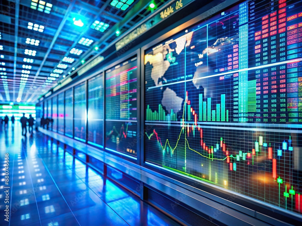 Poster futuristic screen displays dynamic stock market charts and graphs of abstract index, illuminating a 