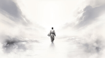 Silhouette of man against sky embodied concept of faith and freedom, as light from heaven symbolized his spiritual success and devotion to religion. heaven, person, religion, silhouette, faith.