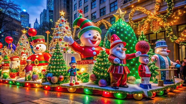 Vibrant festive parade scene with decorated floats, twinkling lights, and oversized inflatables, capturing the magic and joy of the holiday season in a lively atmosphere.