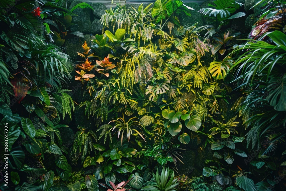 Poster A lush green wall filled with various plants and foliage