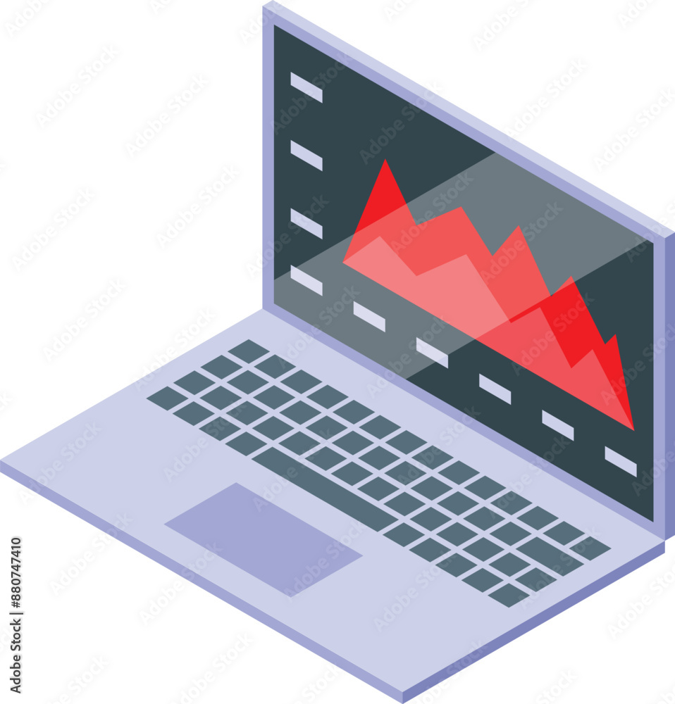 Poster laptop is displaying a red graph decreasing on its screen, representing a business analytics concept