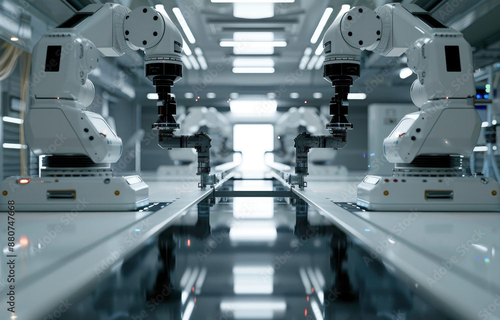 Poster state-of-the-art robotic arms arranged in a high-tech laboratory environment, illustrating modern ad