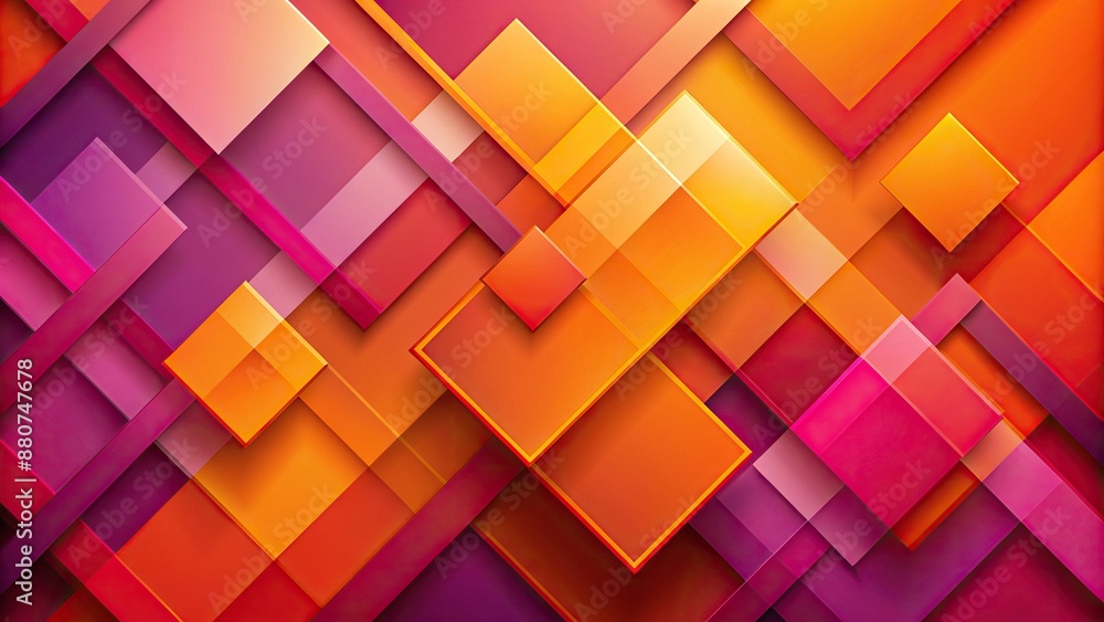 Poster vibrant orange and magenta square shapes intersect and overlap on a bold geometric background, creat