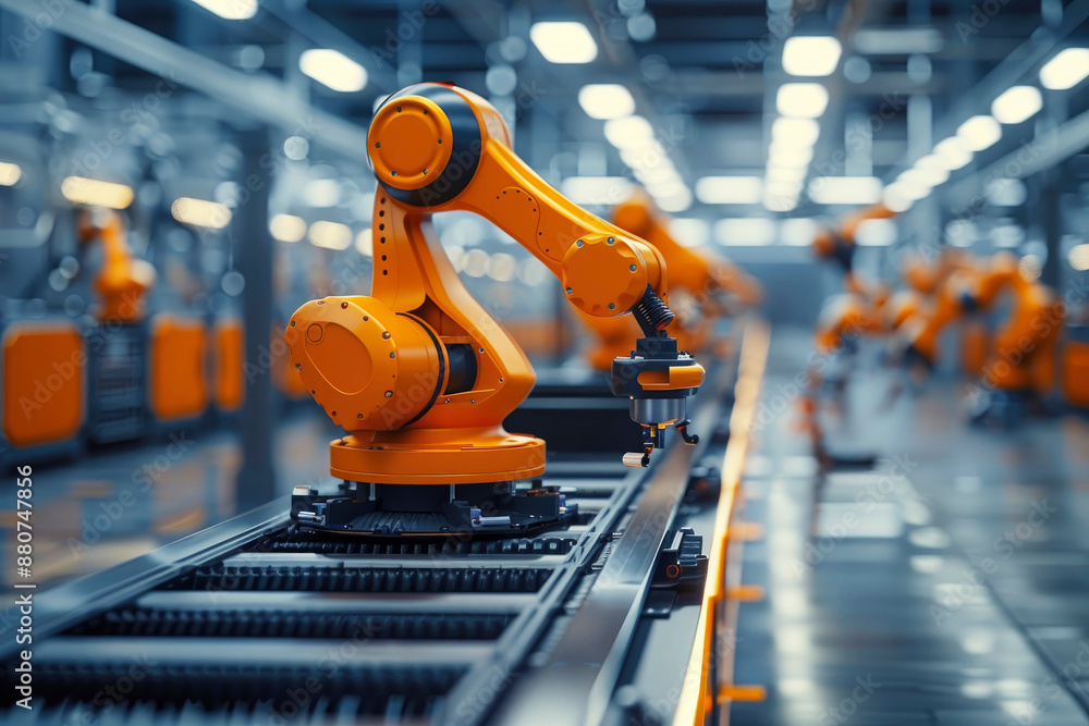 Poster a bright orange robotic arm in a modern factory assembly line, highlighting the advancements in auto