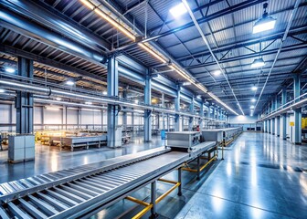 Rows of sleek metal machinery and conveyor belts line the walls of a brightly lit industrial facility with exposed ductwork and concrete flooring.