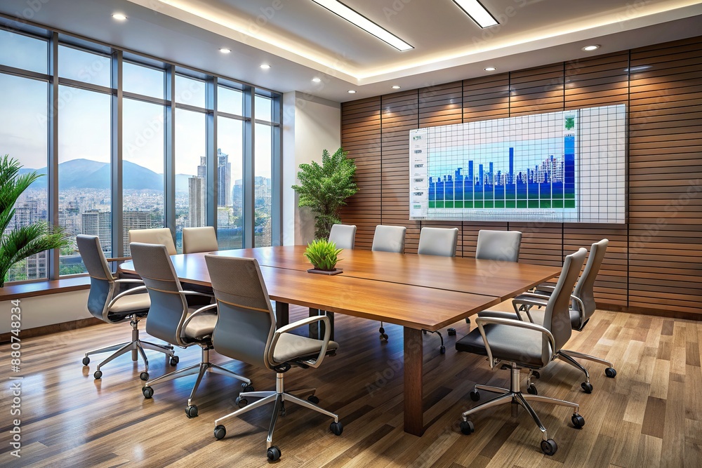 Poster modern conference room with a large tv screen displaying a data analysis dashboard, surrounded by em