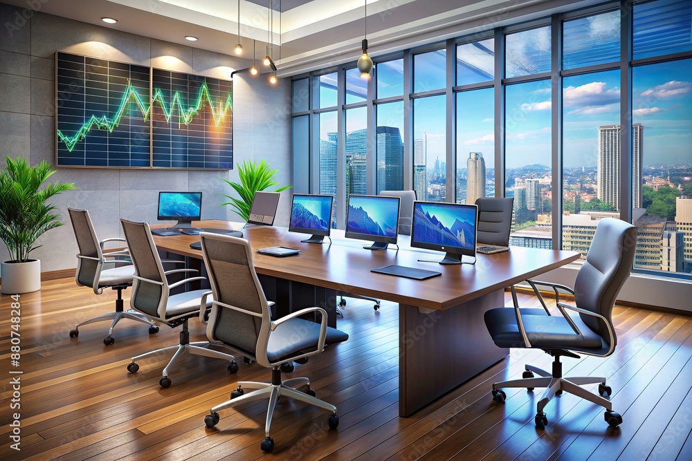 Poster modern office setting with sleek desk, ergonomic chairs, and large screen displaying financial chart