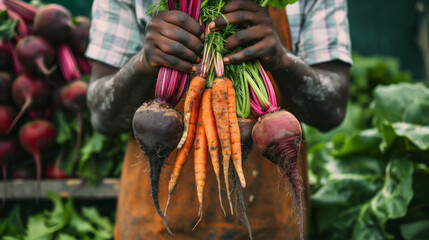 Farmer holding up carrots and beets in hands.