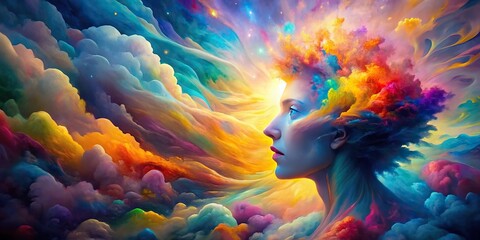 Vibrant, swirling clouds of thought and emotion emanate from a glowing, fragmented mind, surrounded by bursts of color, representing the annual collective unconscious.