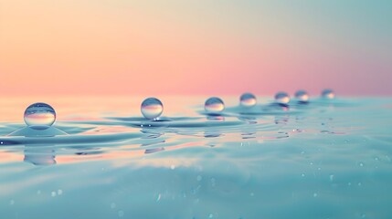 A sequence of water droplets on a gradient surface, magnifying from small to large towards the right, with a crisp reflection and a serene aqua-toned background.