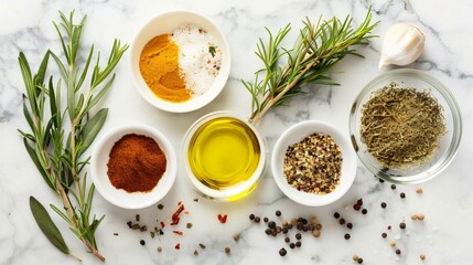A flat lay of spices, herbs, and oil ready for mixing