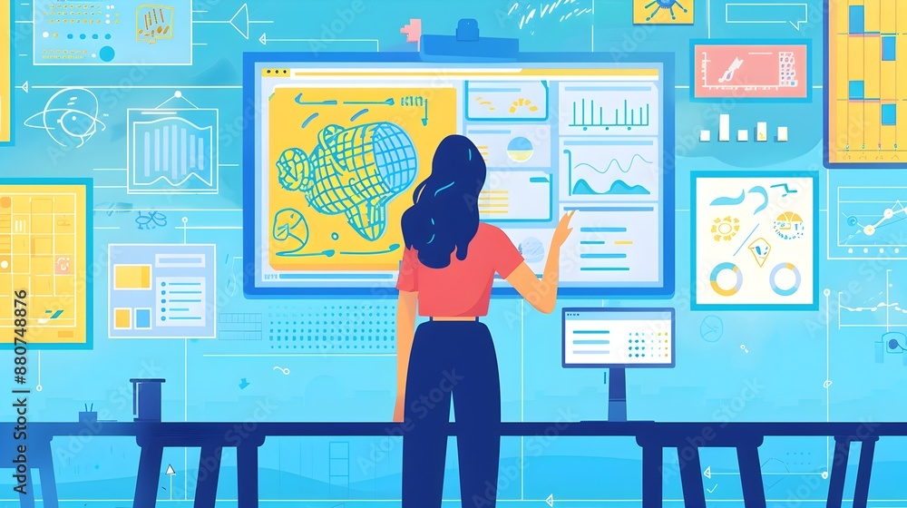 Aufkleber woman analyzing data on multiple computer screens in office