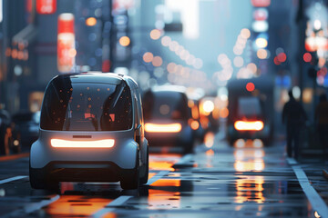 A futuristic scene featuring autonomous cars navigating city streets at night, showcasing advancements in self-driving technology and urban connectivity.