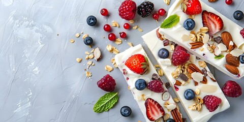Yogurt bark with white chocolate nuts berries granola on table. Concept Dessert, Healthy Snack, Yogurt Bark, White Chocolate, Nuts, Berries, Granola, Table Setting