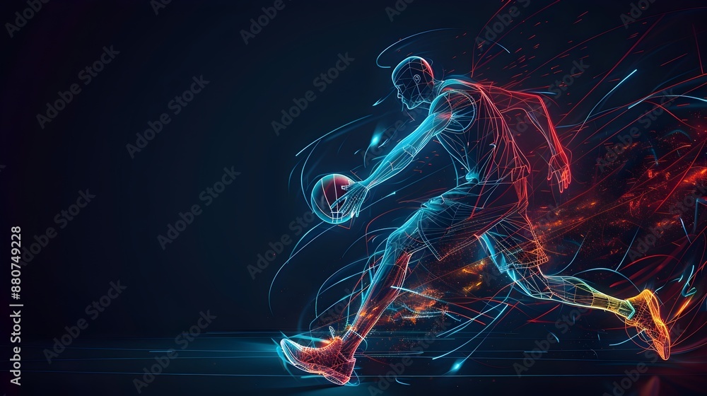 Poster dynamic motion and energy of athlete running in abstract digital glow