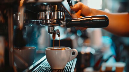 Close up shot of a barista pulling an espresso shot from a machine, with coffee cups in the background