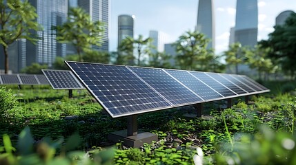Fototapeta premium Solar Panels Powering Sustainable Urban Skyline with Skyscrapers and Green Landscape