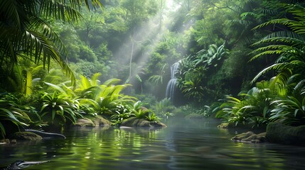Fototapeta premium A serene scene of the Amazon Rainforest with lush greenery and flowing rivers, showcasing its rich wildlife. The sunlight filters through dense foliage creating dappled light.