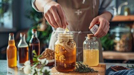 Close up shot of a person's hands adding ingredients to a kombucha jar, with a SCOBY and bottles in the background