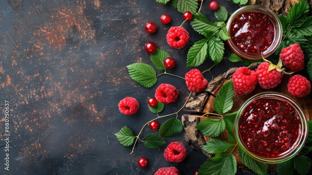 Poster raspberry jam and berries with leaves on pine stump space for text