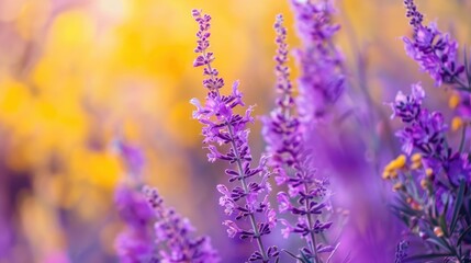 Obraz premium Vivid wild flowers in purple hues close up nature macro shot Wide landscape view with yellow tones space for text