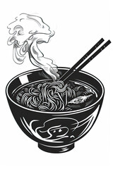 A black and white sketch of a steaming bowl of pho with chopsticks