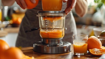 Close up shot of a person's hands pressing oranges on a manual juicer, with freshly squeezed juice in a glass background