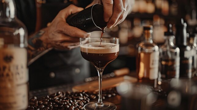 Close up shot of a person's hands shaking an espresso martini, with coffee beans and liqueur bottles nearby