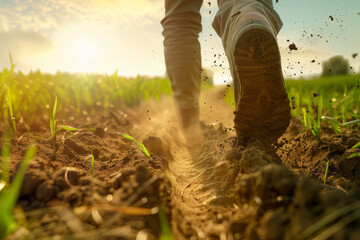 A farmer walking in a field a low angle shot