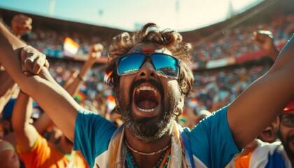 Indian Fan Celebrating a Point in a Cricket Stadium