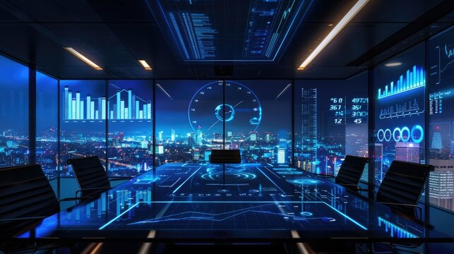 Captivating Financial Analytics Dashboard with Detailed Data Visualizations and Futuristic Boardroom City Views