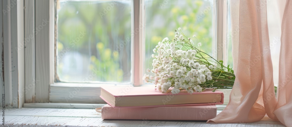 Poster Copy space image featuring a lovely bouquet and a pink diary placed on the windowsill