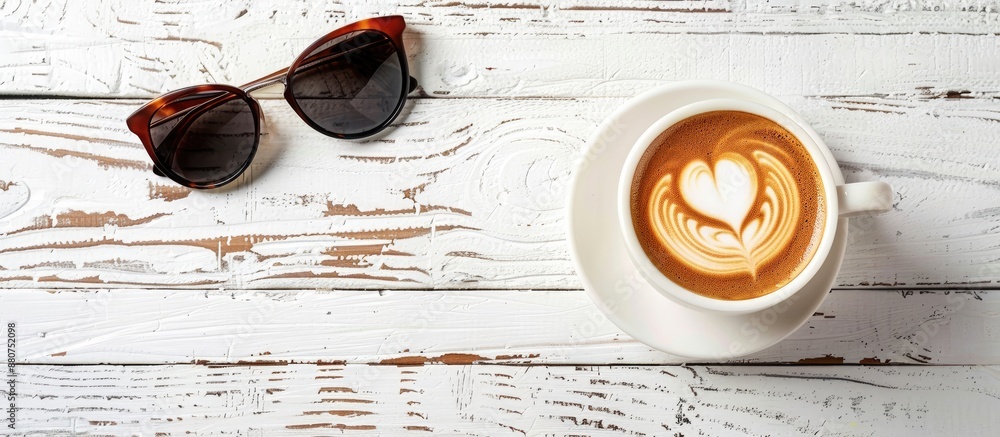 Poster coffee cup with heart latte art and sunglasses on a white wooden backdrop with available copy space 