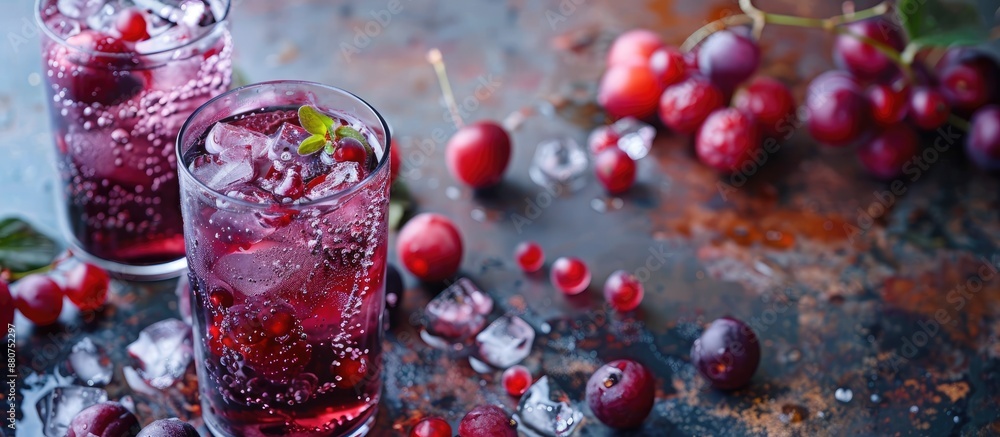 Poster Gooseberry summer drink with berries and ice cubes on a table featuring a close up view and copy space image