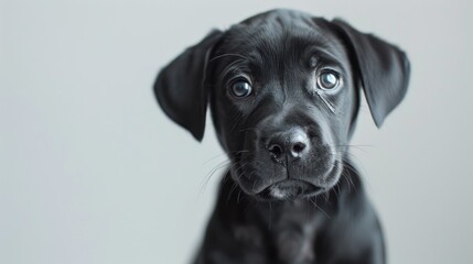 Fototapeta premium Black puppy on white backdrop in a photo studio