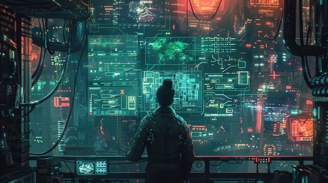 Futuristic Man Surrounded by Advanced Digital Technology and Holographic Interfaces