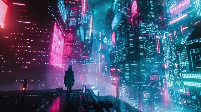 Futuristic Digital Landscape with Immersive Holographic Displays and Vivid Neon Interfaces